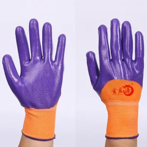 Purple and Orange Nylon Nitrile Textured Grip Working Gloves