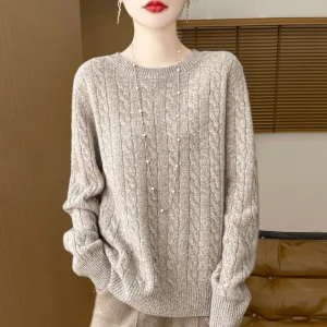 Women's New Soft Floral Yarn Neck Cable Knit Sweater Versatile Korean Style Wool Base Knitwear Loose and Fashionable