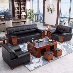 Chinese Commercial Home/Hotel Lounge/Office Furniture Wood Frame Black Leather Sofa