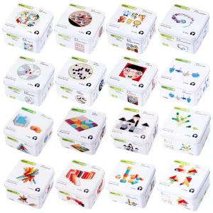 Brinquedos de Blocos de Construção Cognitiva para Bebês, Caixa de Ferro de Viagem Educacional para Crianças, Cubo Quebra-Cabeça Feito de Madeira para Brincar