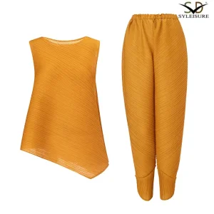 Famous Women's Round Neck Sleeveless Pleated Asymmetric Top and Pants Set Manufacturer, Service