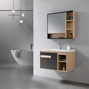 Vanidade de Banheiro Flutuante Contemporânea em Madeira Clara Laminada Preta
