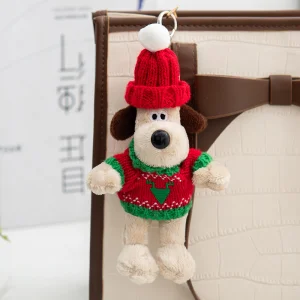 Cute Plush Dog Keychain 15cm Wearing Red Christmas Hat Reindeer Knit