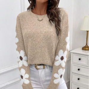 2025 Women's Elegant Floral Jacquard Knitted Cardigan Breathable Casual Style Autumn Sweater with Front Logo Print