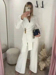Women's Elegant White Blazer Pants Set, Comfortable 2 Piece Office Suit for Business Formal Events