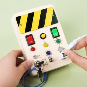 Educational Learning Activity Science Toy Kids Eco-friendly Wooden Portable Travel Led Light Switch Fidget Busy Board