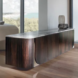 Luxury Curved Edge Sideboard Dark Wood Marble Top Dual-Tone Modern Living Spaces