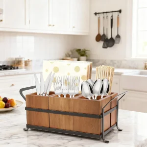 Wholesale Price OEM Manufacturer Personalized Customed Wooden Cutlery Organizer Box Compartment Utensil Storage Box Portable Kitchen Organizer