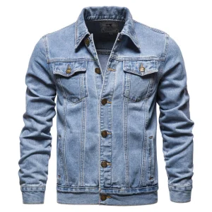 Jaqueta de Jeans Denim Masculina Nova Primavera Outono Casual Fashion Estilosa com Gola Reversa à Prova de Vento Botão Personalizada Jaquetas de Jeans Denim