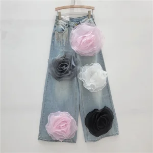 Calças jeans retas de cintura alta de estilo europeu personalizadas, versão coreana, que afinam a silhueta