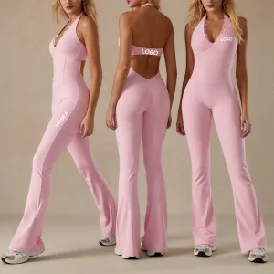 YNSEA Lace V Neckline Halter Yoga One Piece Jumpsuit Gym Workout Sports Backless Gym Flare Leggingss Jumpsuits for Women