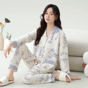 LONGD Women's Long Sleeve Pajama Set Ladies Casual Home Wear Loungewear Moisture-Wicking Quick-Dry Breathable Elastic Waist