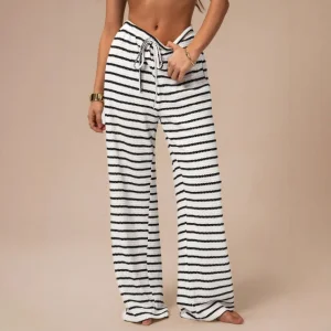 Wholesale Women's Slim Straight Leg Casual Trousers Fashion Color Contrast Horizontal Stripes Cross-Border Pants