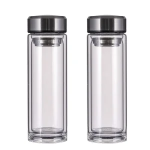 Wholesale Stainless Steel Lid Double Borosilicate Glass Wall Water Bottle with Filter