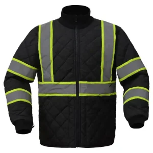 Black Quilted Reflective Safety Work Jacket Breathable Thermal Anti Wrinkle High Visibility Insulated Winter Construction Coat