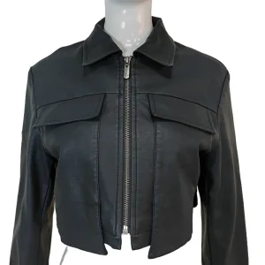 Women's Black Faux Leather Cropped Biker Jacket Collared Zip-up Streetwear Coat