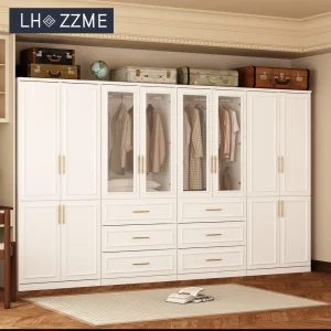 Wooden L-Shaped Corner Bedroom Wardrobe with LED Light Glass Doors Modern Italian Design Wall Mount Hotel Use 5-Year Warranty