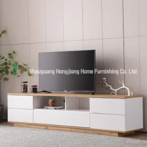 Suporte de TV moderno minimalista branco personalizável em madeira com 6 armários e 2 espaço de armazenamento aberto