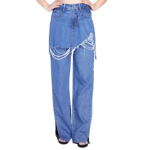 Custom Women Double Layer Patchwork Raw Hem Ripped Split Wide Leg Jeans