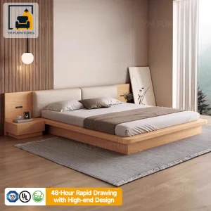 Cama doble con marco de madera minimalista