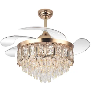 Y316 Crystal Fan Light Modern Reversible Ceiling Fan and Light Dimmable LED K9 Crystal Retractable Fan Light with Remote Control