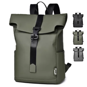 Trendy Unisex Large Roll Top Laptop Backpack Waterproof PU Polyester Lining Leisure Daily Use School College Students Teenagers
