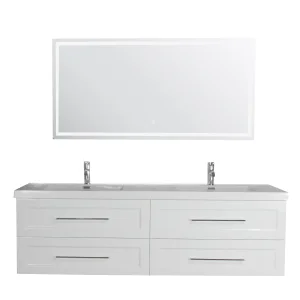 60 Inch Modern Bathroom White High Gloss Painting Plywood Wall Mounted Vanity Unit Cabinet Furniture with LED Mirror