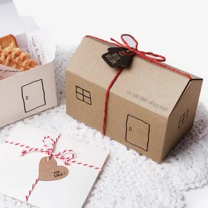 Wholesale High Quality Holiday Party Treat Boxes Gift Kraft House Shaped Candy Chocolate Dessert Box With Ropes Tags