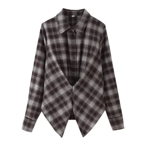 Women 2026 Autumn Lace Casual Woven Blouses Loose Lapel Cinched Waist Check Vintage Long Sleeve Chic Tops