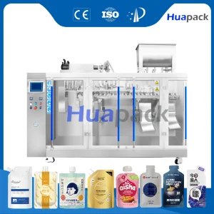 Máquina de embalagem automática horizontal de função completa para enchimento, selagem e embalagem de sacos pré-formados com bico de canto para sabonete líquido, bebida e massa
