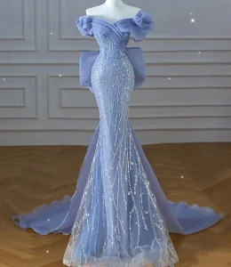 Luxury Women Light Blue Banquet Dress Wear Fishtail