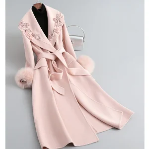 Wholesale Elegant Winter Wool Coat Women Double Face Cashmere Coat Custom Logo Long Trench Overcoat Furry Overcoat