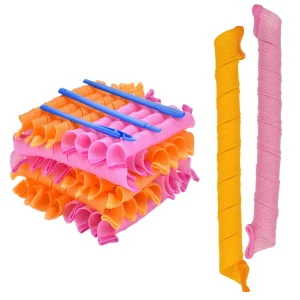 Heatless Cold Spiral Hair Curlers 55cm Nylon Fabric Rod Orange &amp; Pink for Long Hair Overnight Curls Styling Hook Home Use
