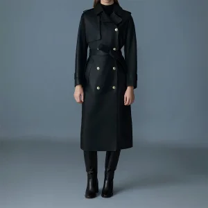 Elegant Black Leather Trench Coat with Double-Breasted Button Design and Belted Waist