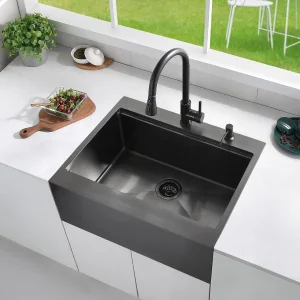 Black Stainless Steel Embedded Kitchen Farmhouse Sink with Front Apron