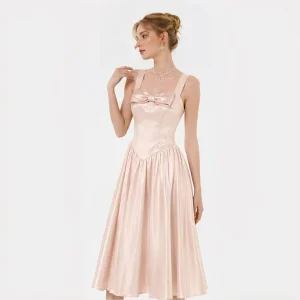 Vestido MIDI de satén rosa con lazo en la parte delantera, tirantes anchos, corte A, vestido de cóctel para mujeres