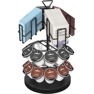 Long Life High Quality Kitchen Metal Wooden Black Holds 60 K Cups Nespresso Carousel Station Countertop Syrup Coffee Revolving Pods Organizer