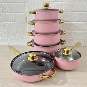 12-Piece Stainless Steel Nonstick Cookware Set Golden Handled Cooking Pot and Milk Pot for Kitchen Use