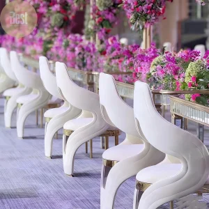 Luxury Curved White Upholstered Dining Chair with Gold Metal Accent Modern Elegant Banquet Wedding Event Chair