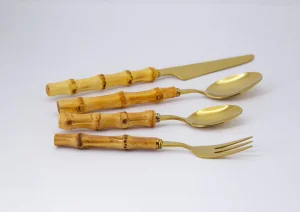 Elegant Modern Bamboo Handle Dining 4-Piece Stainless Steel Cutlery Set