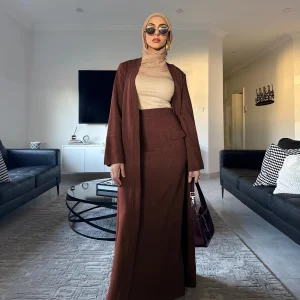 LR1072 Muslim Women's Modest Two Piece Set Long Cardigan Maxi Skirt Elegant Islamic Casual Formal Wear Outfit