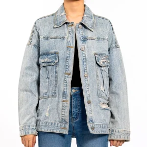 Custom Light Blue Oversized Ripped Vintage Denim Jean Jacket Women