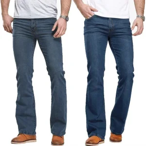Calças Jeans Masculinas Plus Size Corte Boot Cut Levemente Flare Slim Fit Skinny Azul Preto Clássicas Masculinas em Denim Stretch