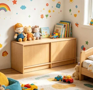 Modern Solid Wood Sideboard with Two Sliding Doors and Open Shelves for Minimalist Dining Room