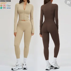 Women Yoga Set Full Zip Stand Collar Crop Top Criss Cross Waistband Leggings High Stretch Activewear