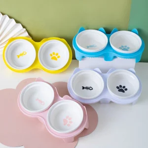 Double Ceramic Cat Bowls Elevated Tilted