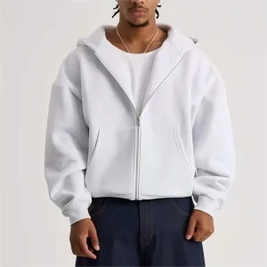 Simple Men's Regular Zipper up Hooded White Hoodie