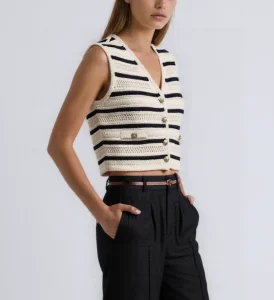 2025 Summer Casual Striped Women Button Decoration Short Length Knitted Vest Top Sweater Cardigans