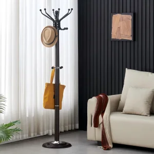 Coat Rack - Classic Multi-Hook Brown Cloth Hanger with Ball-Tip Hooks and Stable Base for Home Office Entryway Bedroom Furniture