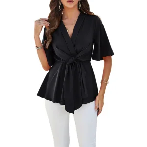 Summer Elegant Retro Women's V-Neck Chiffon Blouse New Arrival Casual Office Tops Woven Solid Color Half Sleeve Regular Fit 100%
